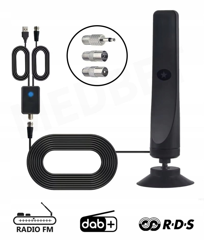EFFECTIVE POWERFUL RADIO ANTENNA WITH FM DAB+ AMPLIFIER 4 DIFFERENT ADAPTERS