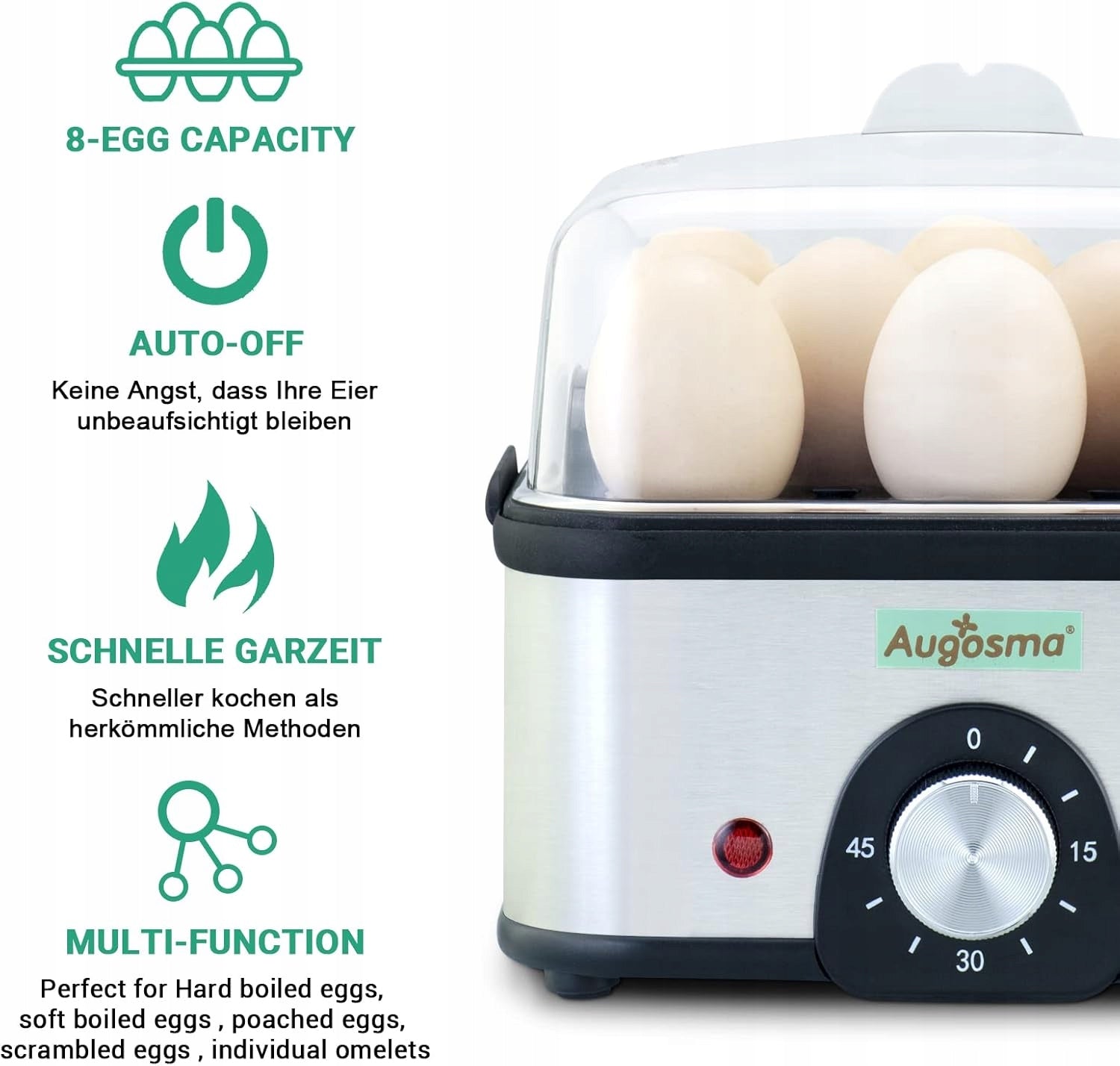 EGG COOKER 8 EGGS STAINLESS STEEL AUTOMATIC HARDNESS ADJUSTMENT Packaging status original