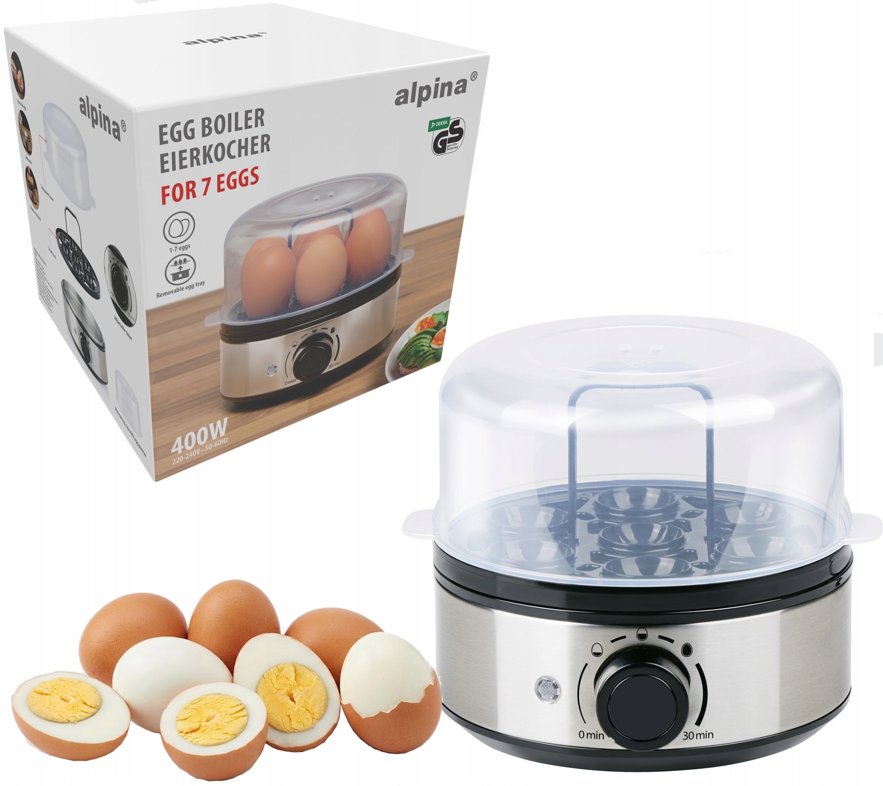 EGG COOKER ALPINA FOR 7 EGGS 400W STAINLESS STEEL REMOVABLE TRAY TIMER SCOOP