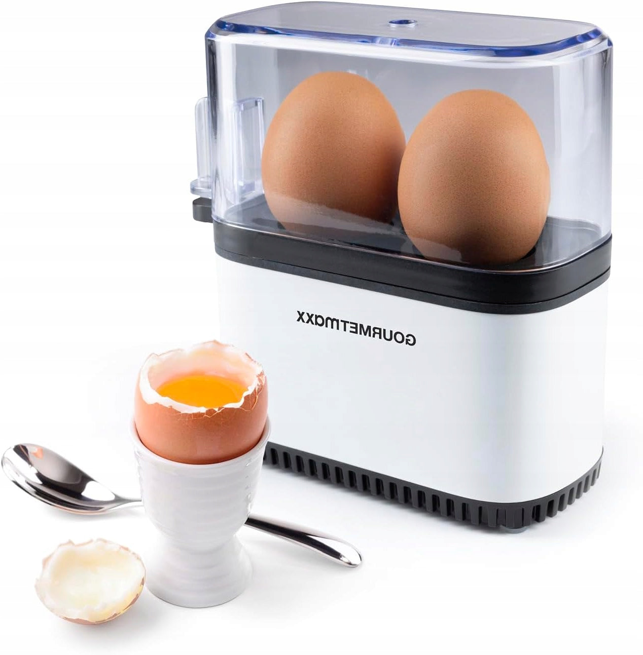 EGG COOKER FOR 2 EGGS WITH 3 DEGREES OF HARDNESS PUNCH IN MEASURING CUP