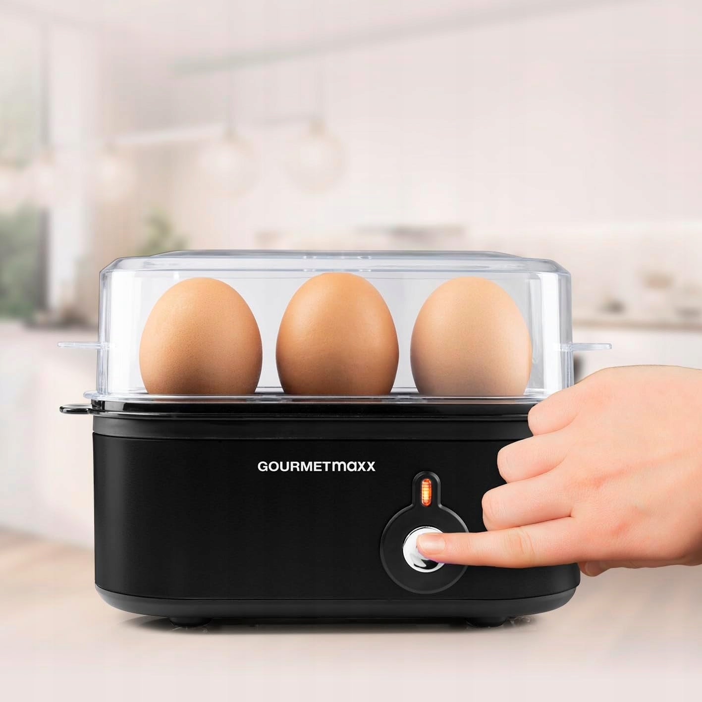 EGG COOKER FOR 3 EGGS EGG PUNCHER AND MEASURING CUP 3 DEGREES OF HARDNESS Brand Gourmetmaxx