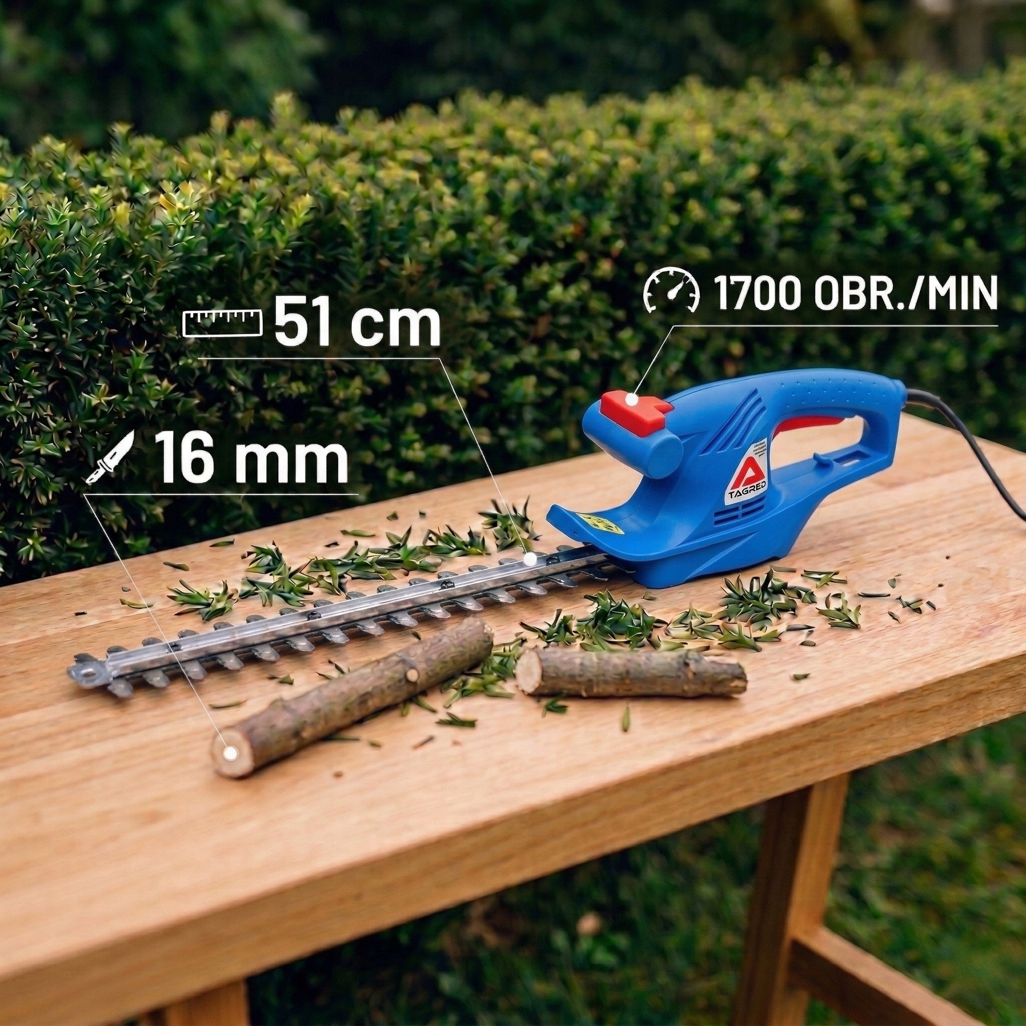 ELECTRIC BRANCH HEDGE TRIMMER 1500W 51CM Maximum cut branch thickness 16 mm