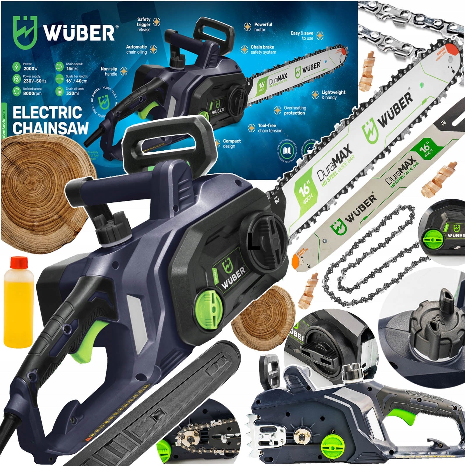 ELECTRIC CHAINSAW 2kW WOOD SAW 8000 RPM RICH SET