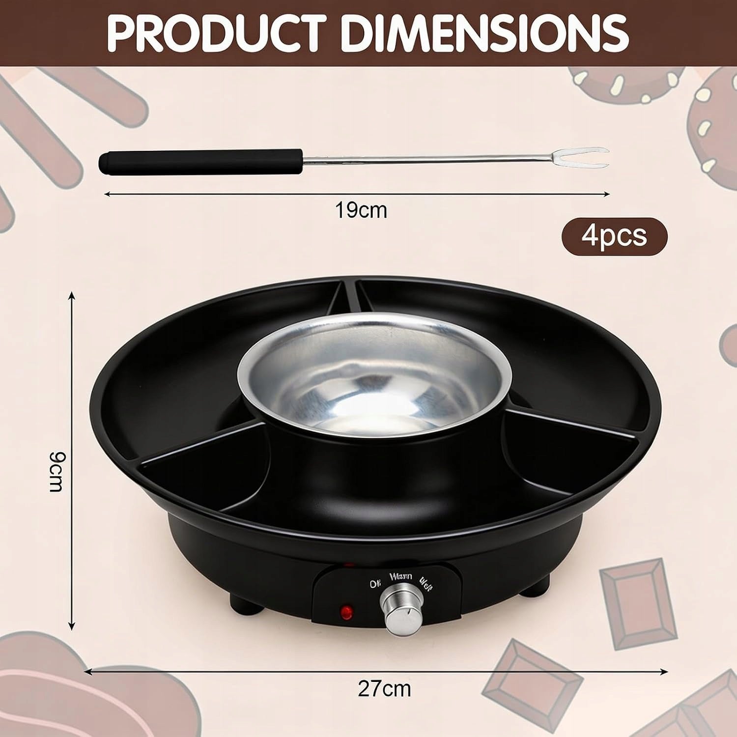 ELECTRIC CHOCOLATE FONDUE 260ML 2 TEMPERATURE LEVELS 4 DIFFERENT Dominant color black