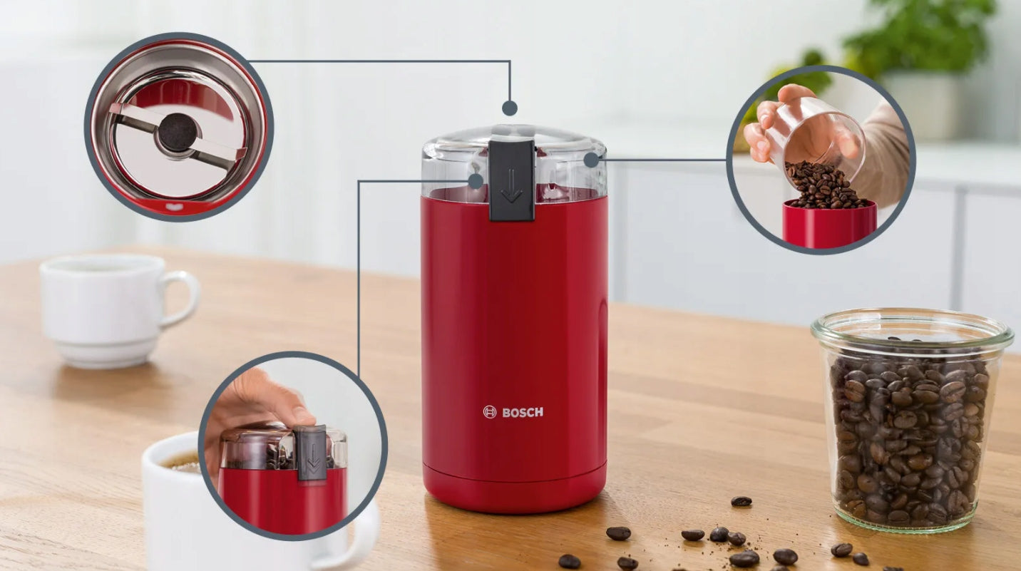 ELECTRIC COFFEE GRINDER BOSCH RED SOLID STRONG 180W 150 G/MIN Product weight with unit packaging 0.69 kg