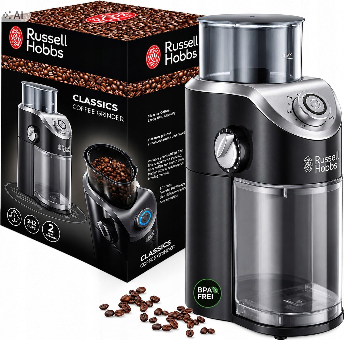 ELECTRIC COFFEE GRINDER RUSSELL HOBBS 140W 100G REGULATION OF THE HEATER Manufacturer code 23120-56