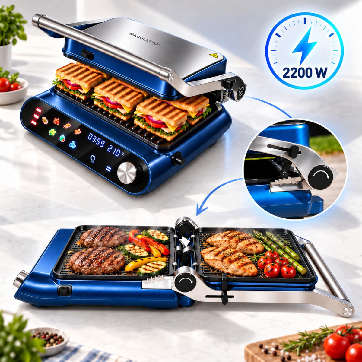 ELECTRIC CONTACT GRILL 2200W 10 PROGRAMS FOLDING 180° LARGE XXL Packaging status original