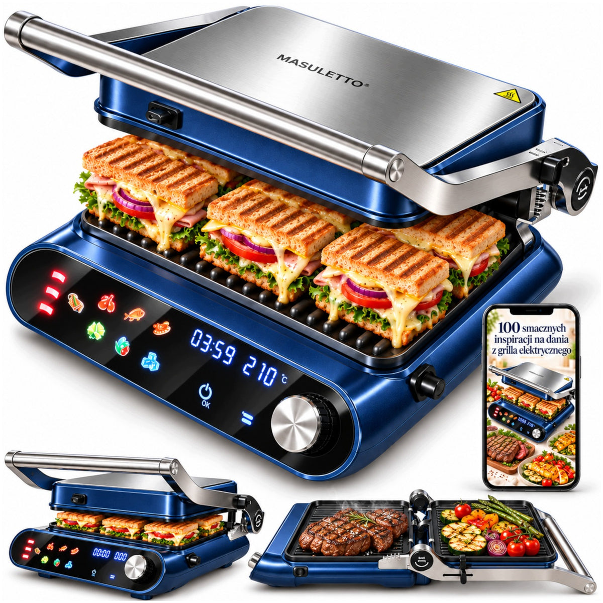 ELECTRIC CONTACT GRILL 2200W 10 PROGRAMS FOLDING 180° LARGE XXL