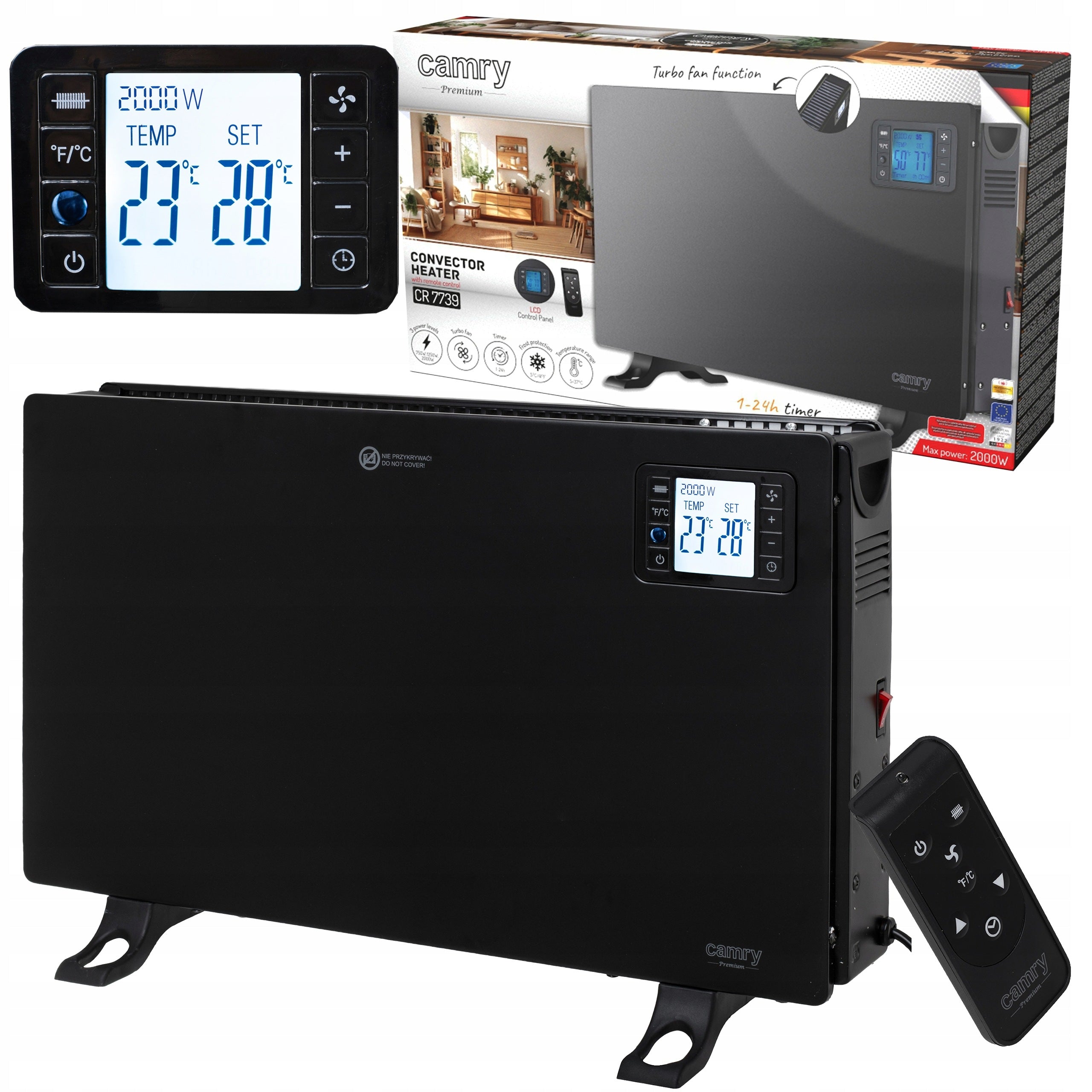 ELECTRIC CONVECTOR HEATER ENERGY SAVING THERMOSTAT 2000W LCD REMOTE CONTROL