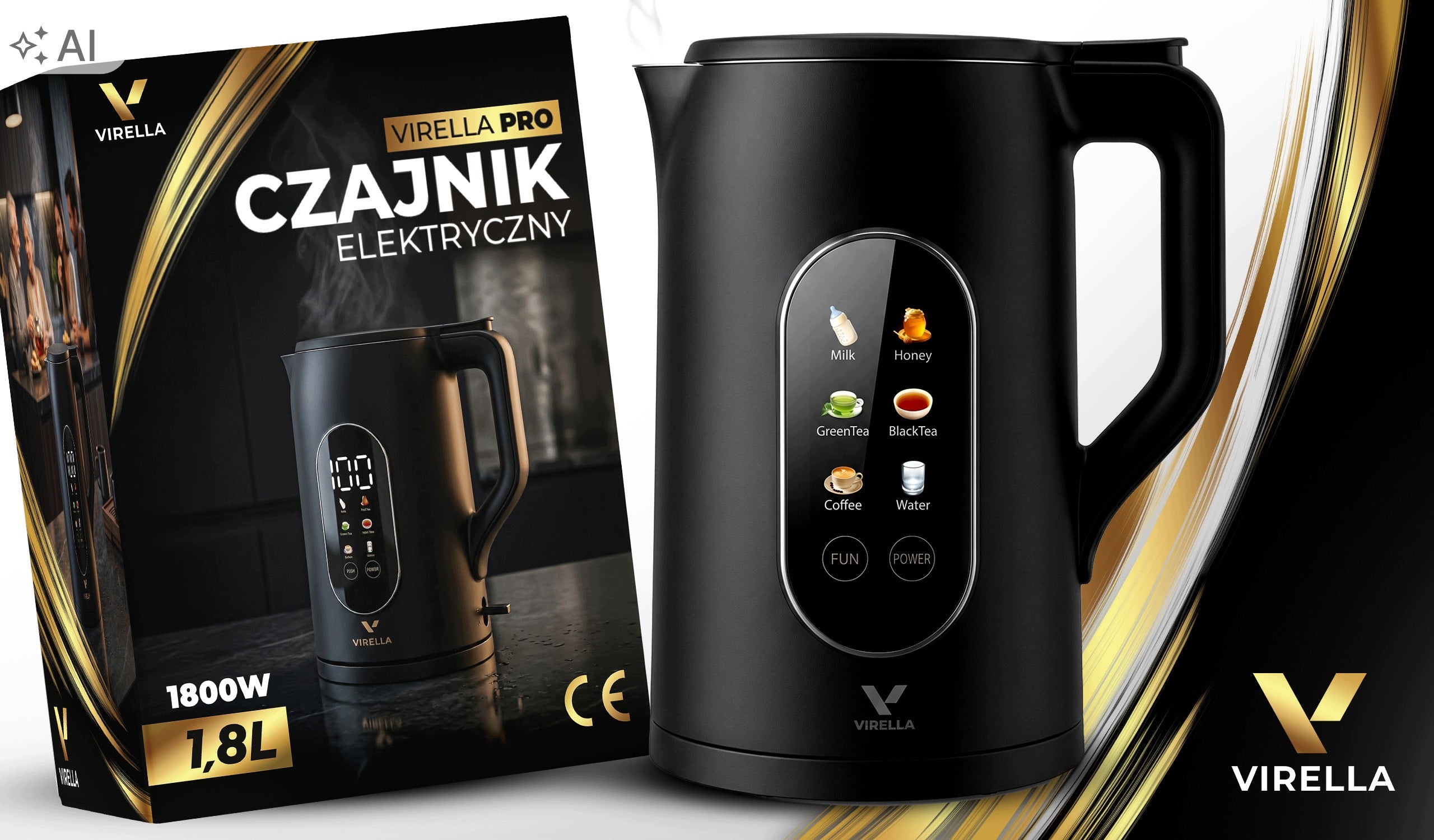 ELECTRIC CORDLESS KETTLE 1,8l 1800W BLACK TEMPERATURE CONTROL Packaging status original
