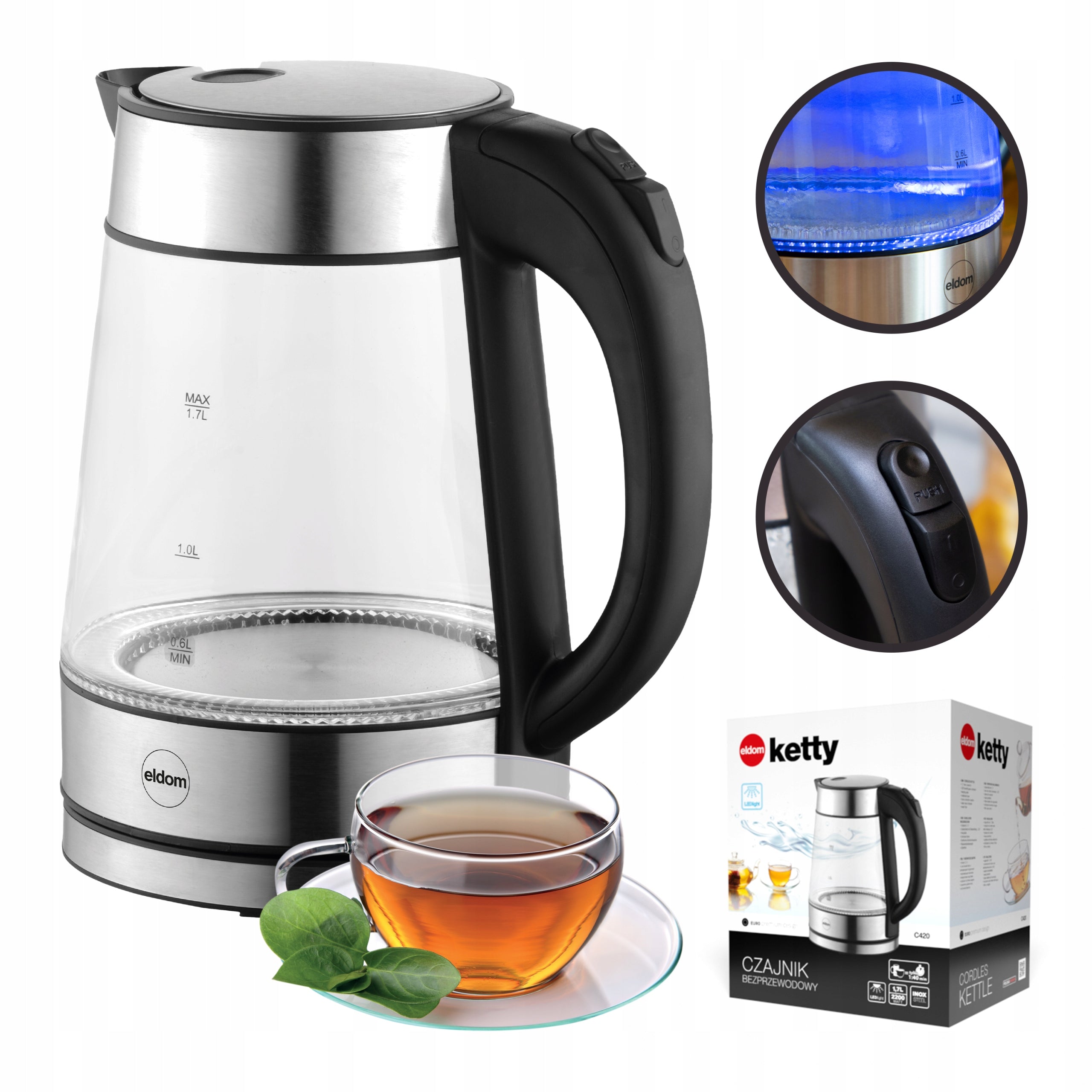 ELECTRIC GLASS KETTLE 1,7L ELDOM C420 BLACK SILVER STRONG 2200W