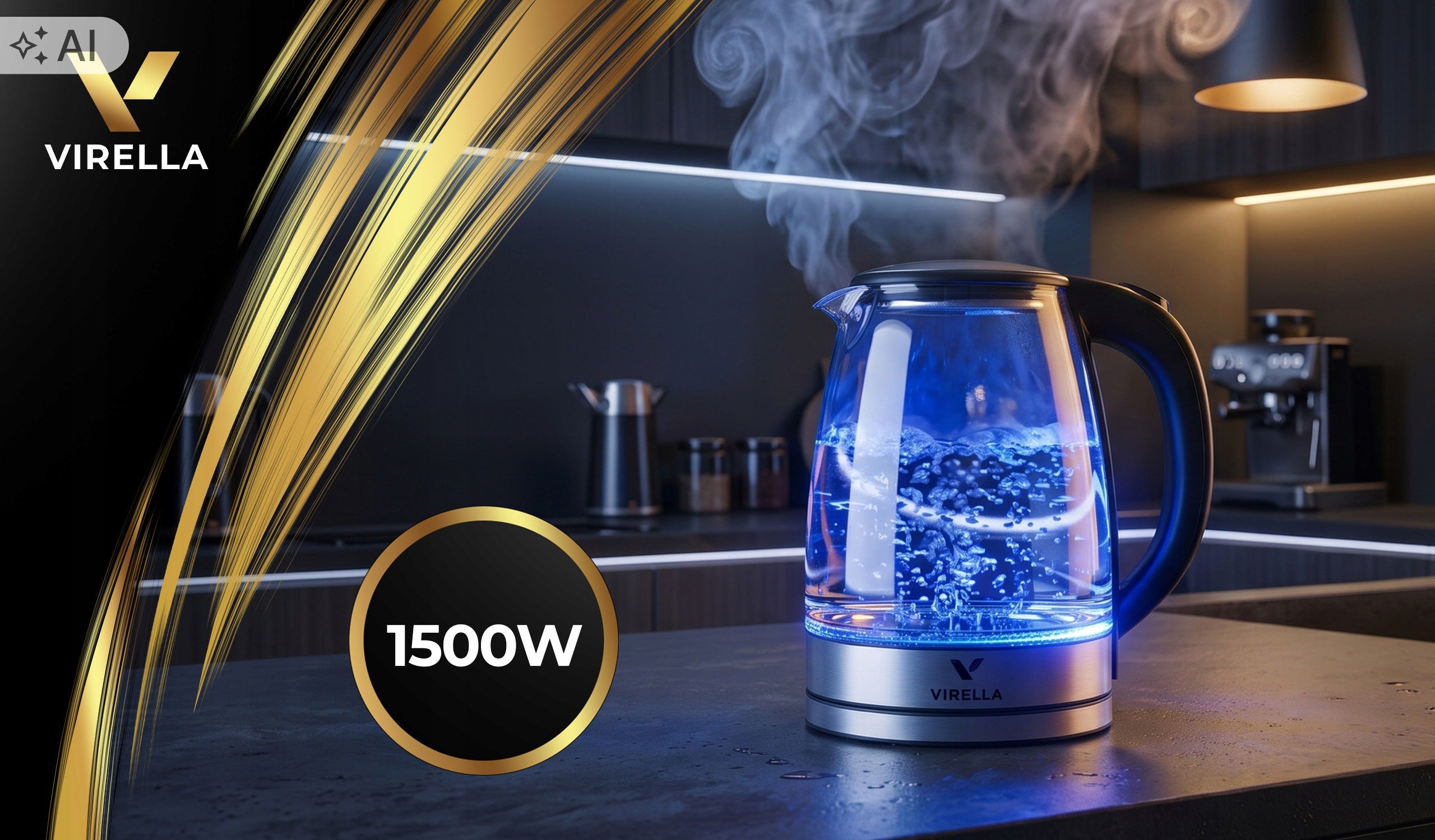 ELECTRIC GLASS KETTLE 1500W 1,8L STRONG SILENT LED STEEL BACKLIGHT Manufacturer code VIRELLA PURE