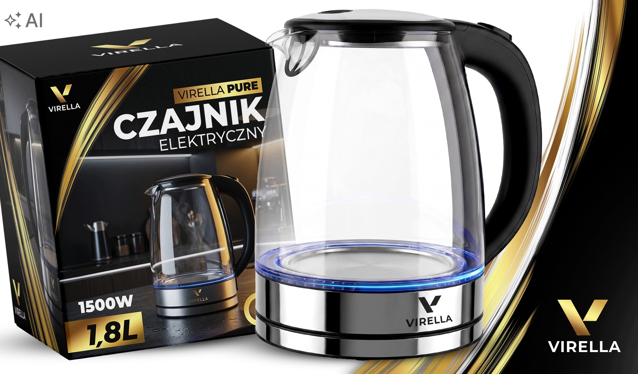 ELECTRIC GLASS KETTLE 1500W 1,8L STRONG SILENT LED STEEL BACKLIGHT Packaging status original