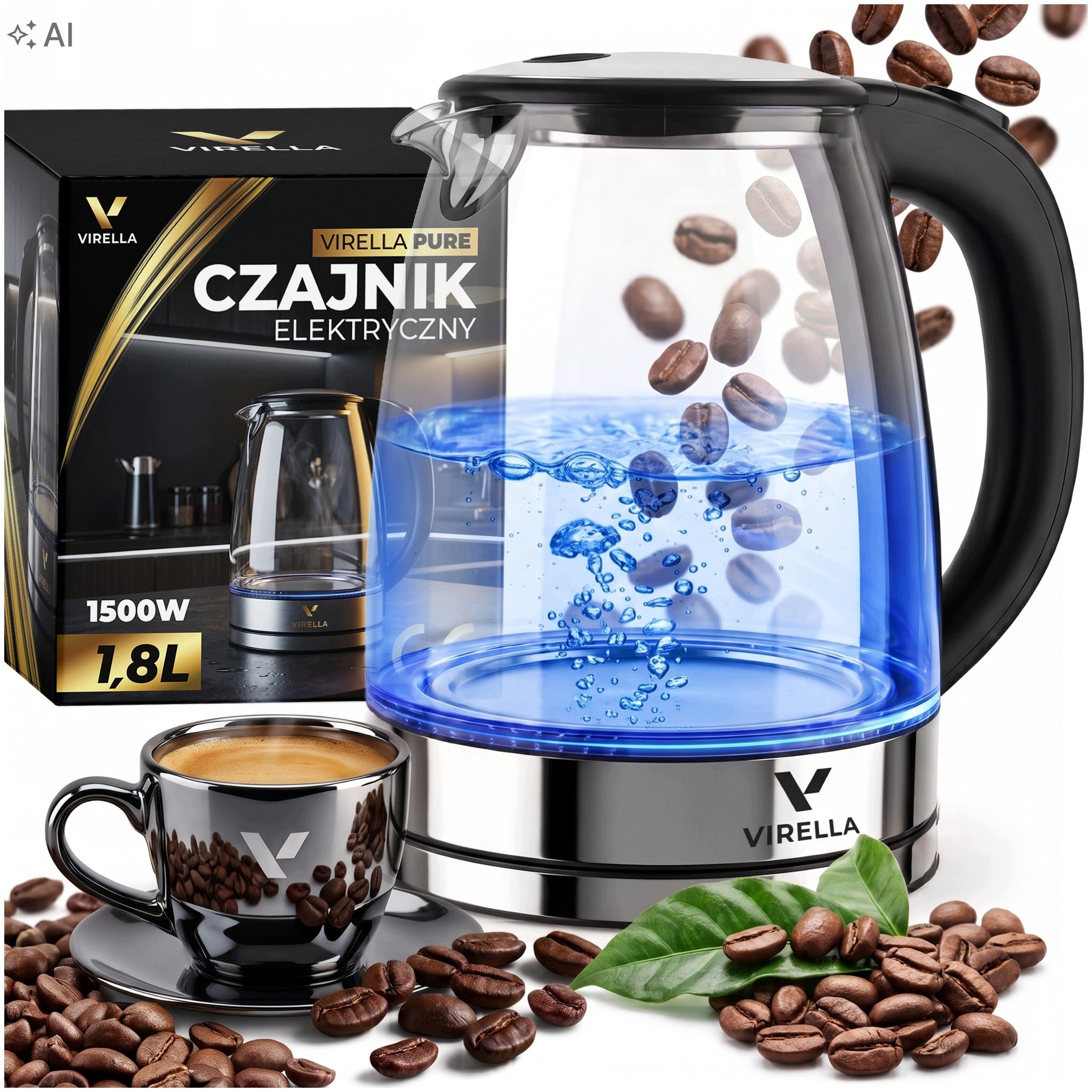 ELECTRIC GLASS KETTLE 1500W 1,8L STRONG SILENT LED STEEL BACKLIGHT