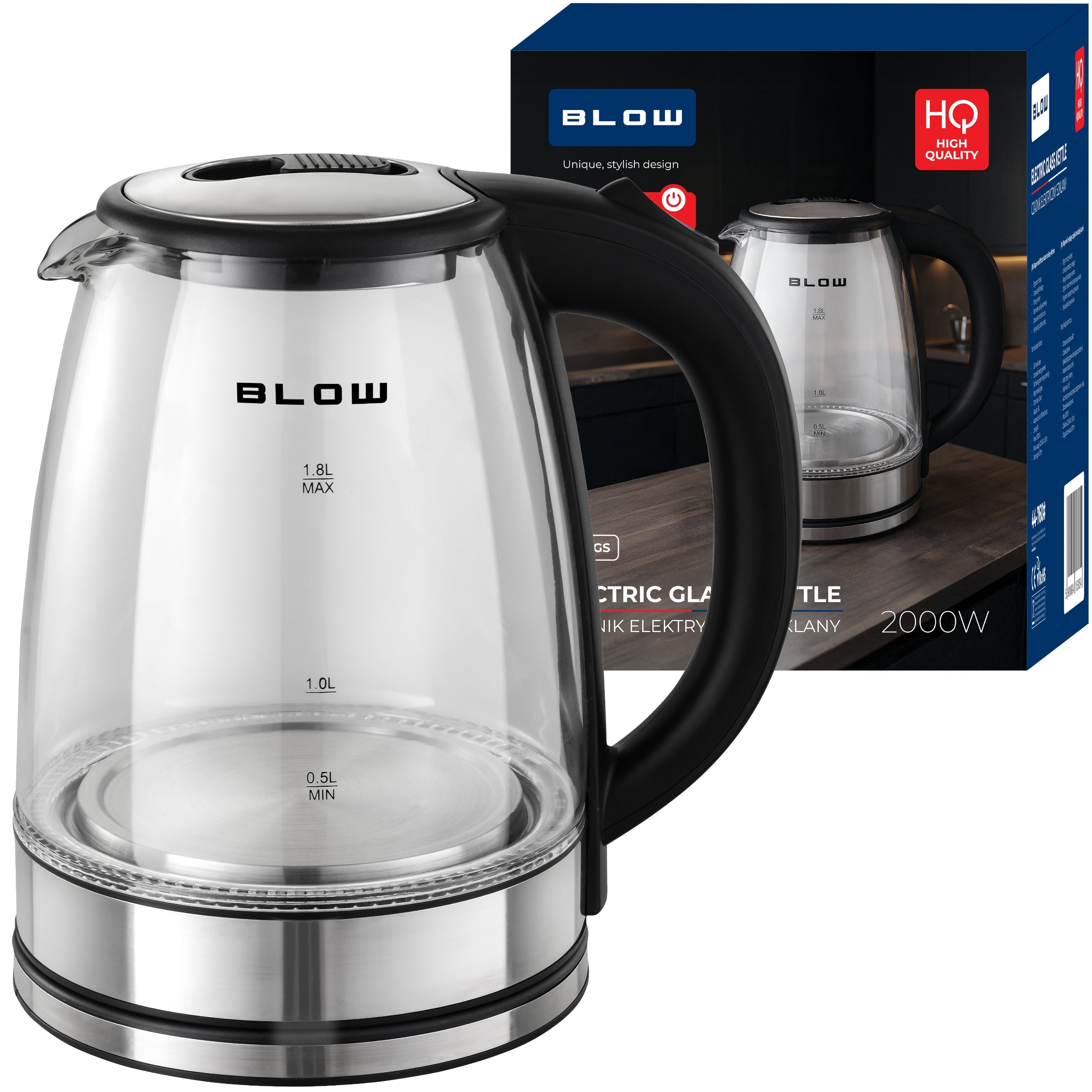 ELECTRIC GLASS KETTLE 2000W 1,8L STRONG SILENT LED STEEL BACKLIGHT Manufacturer code 44-760#