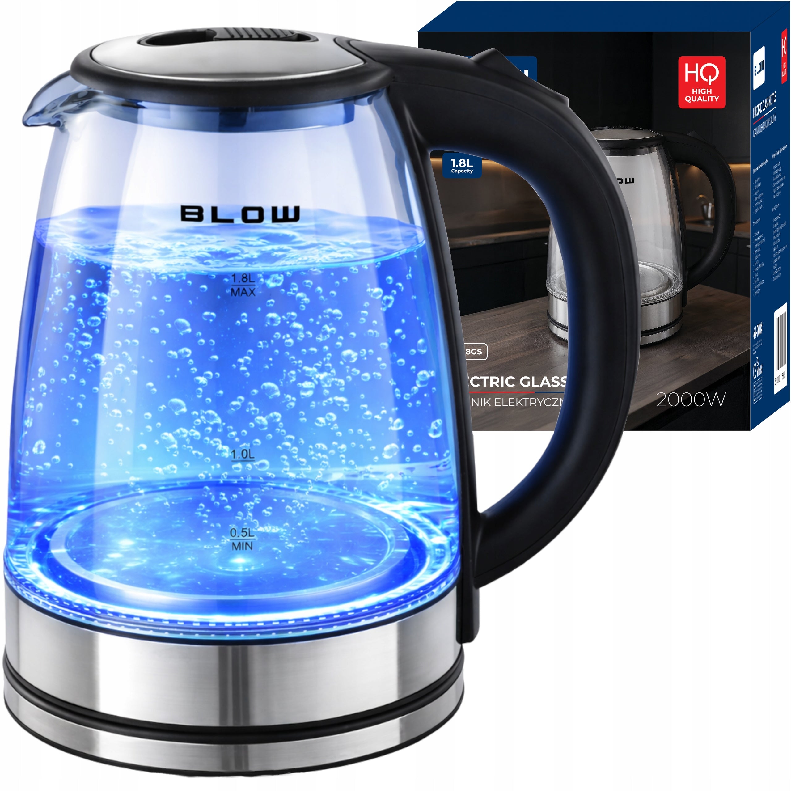 ELECTRIC GLASS KETTLE 2000W 1,8L STRONG SILENT LED STEEL BACKLIGHT