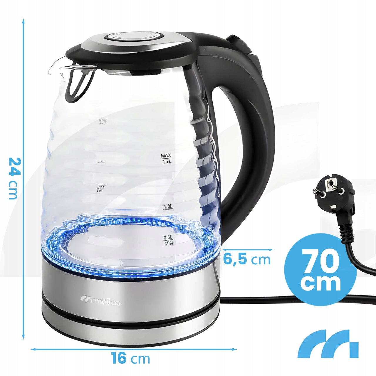 ELECTRIC GLASS KETTLE 2200W 1,7L BACKLIGHT LED SEDIMENT FILTER Brand Maltec