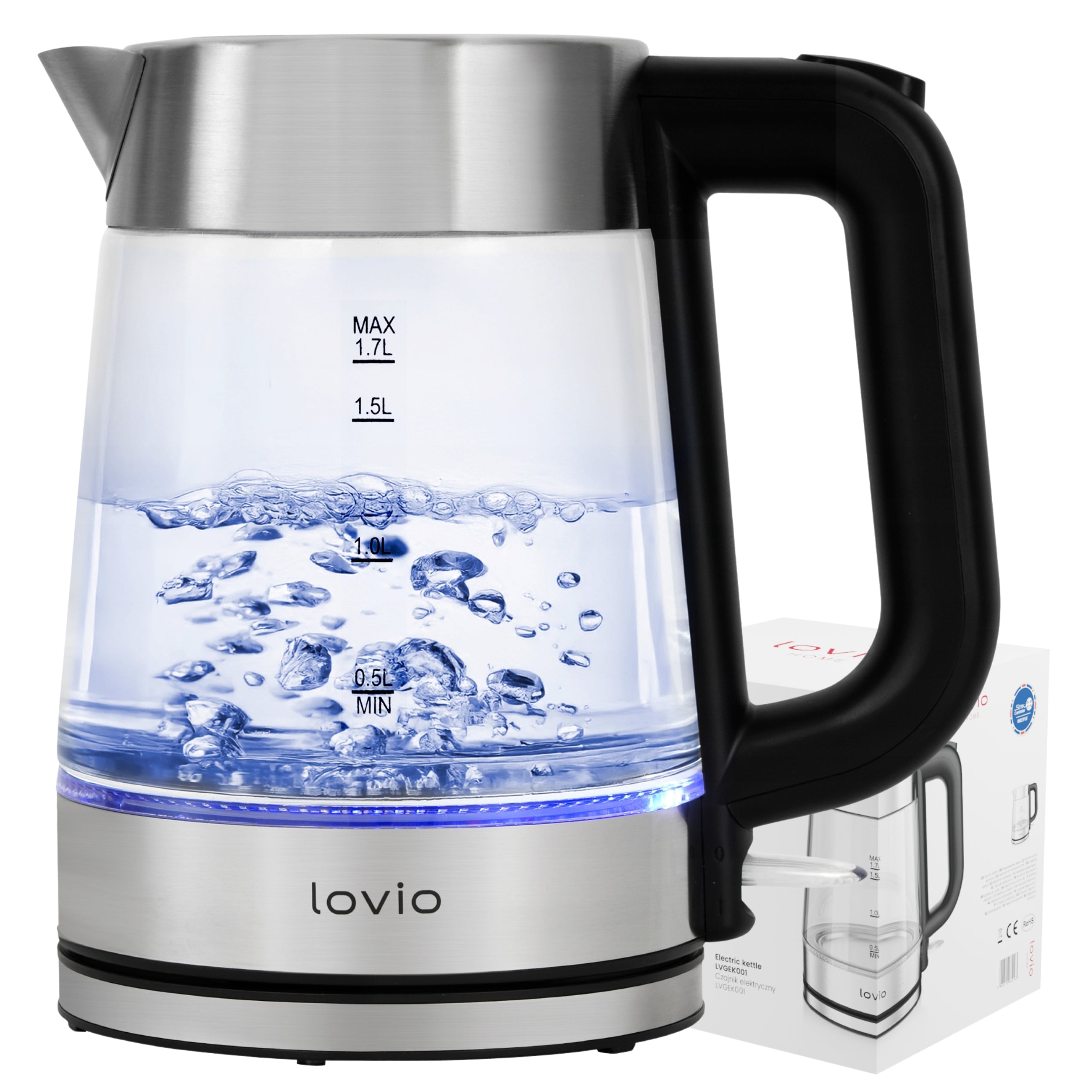 ELECTRIC GLASS KETTLE 2200W LED Steel 1,7L Powerful Quiet Wireless