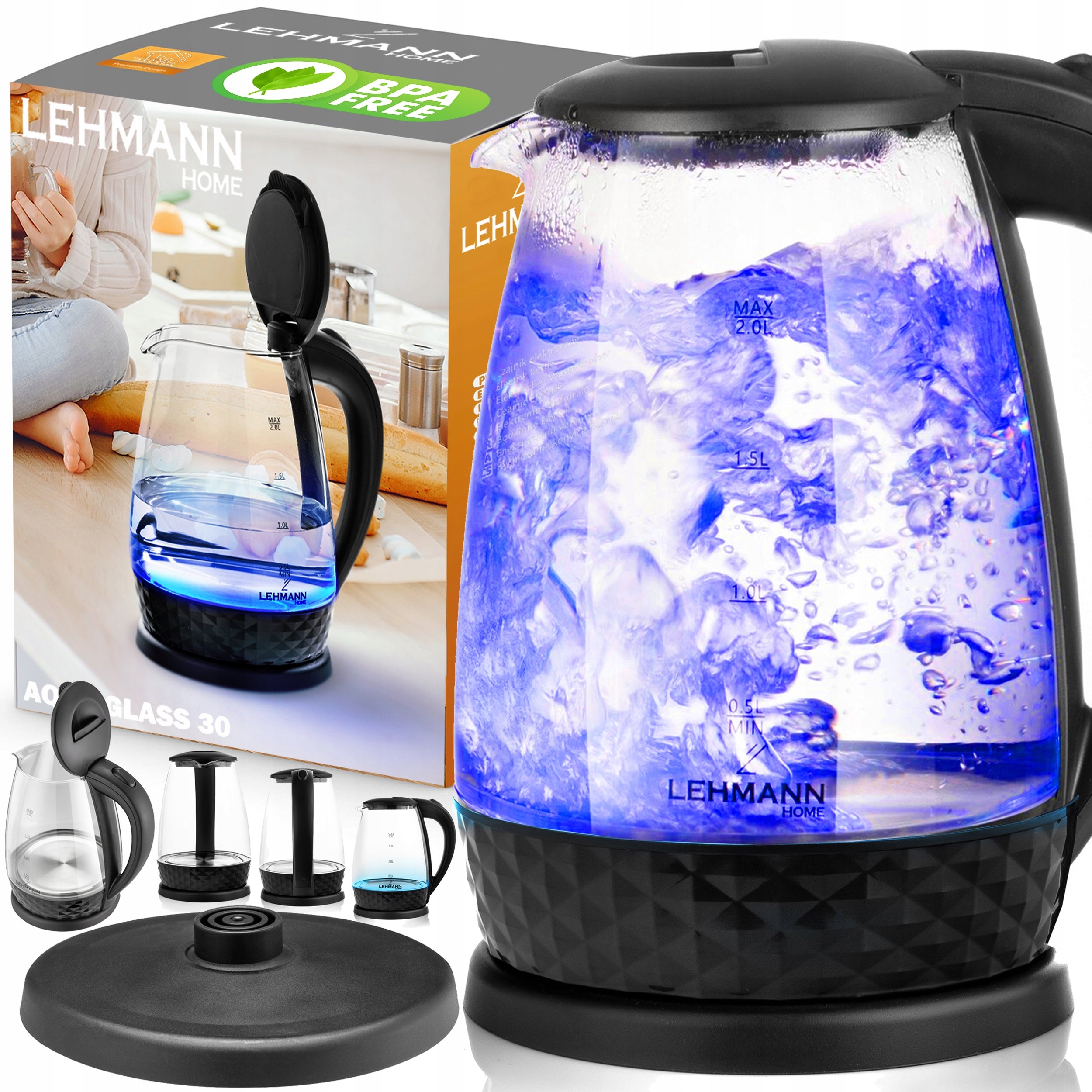 ELECTRIC GLASS KETTLE WITH BACKLIGHT STRONG 2200W WIRELESS 2L