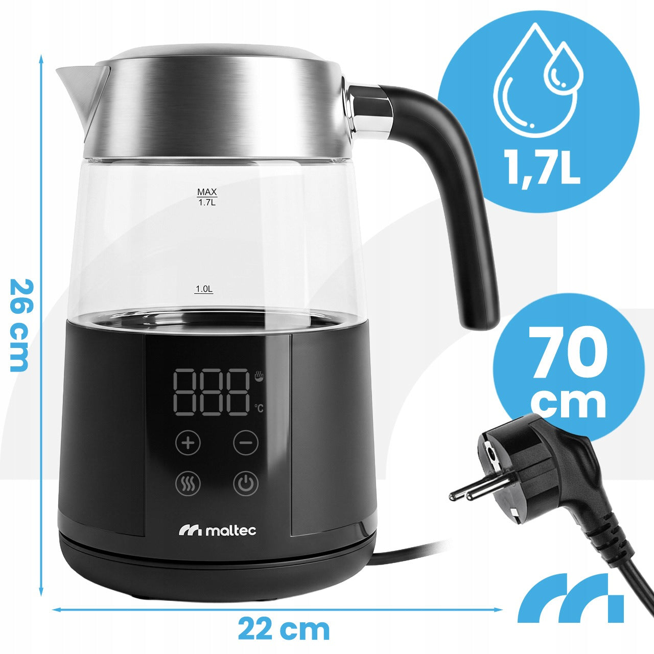 ELECTRIC GLASS KETTLE WITH TEMPERATURE CONTROL KEEP WARM 1,7L 2200W Manufacturer code Czajnik Elektryczny 114845
