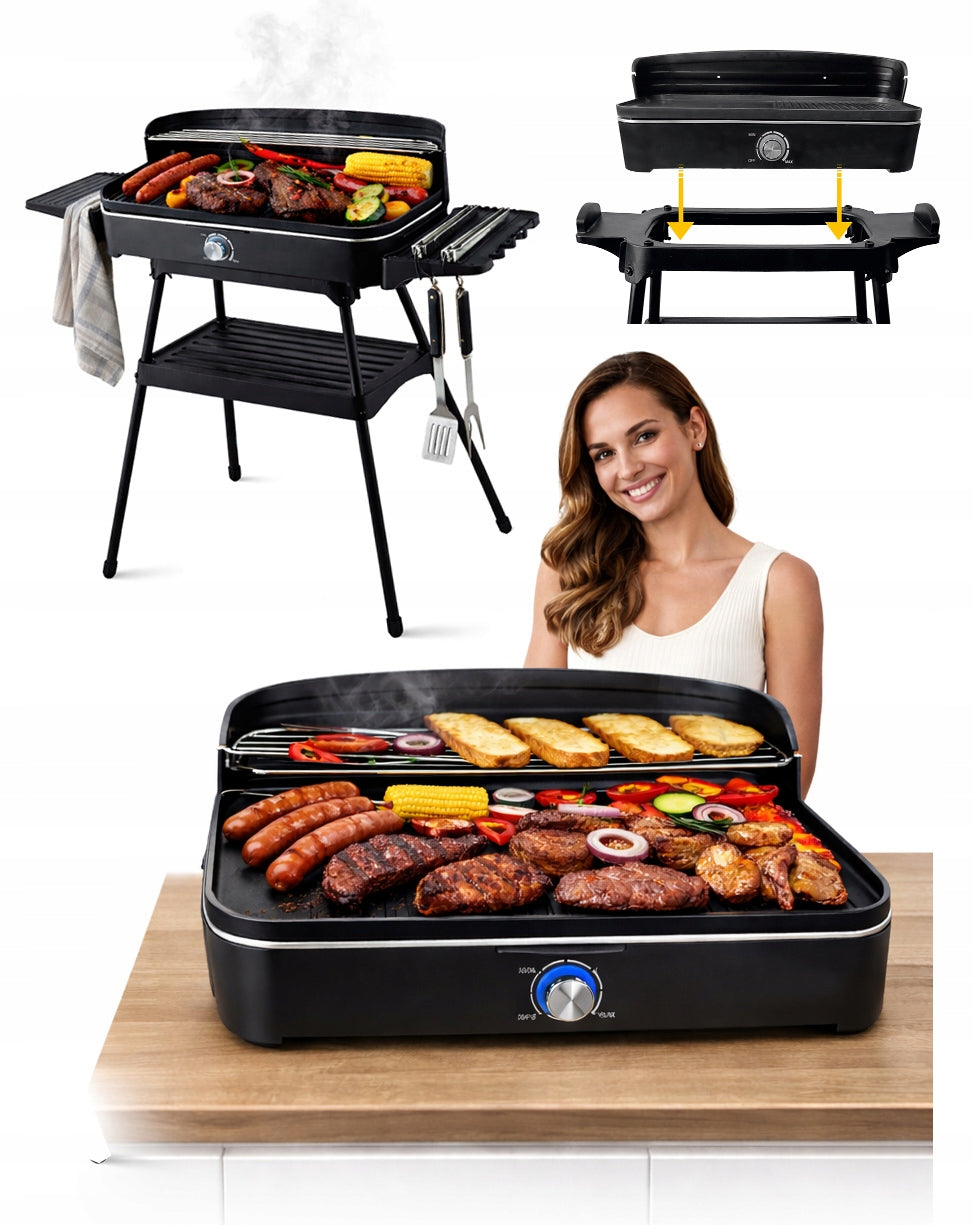 ELECTRIC GRILL 2IN1 STANDING TABLE TOP LARGE POWER 2200W PLATE 50x25cm