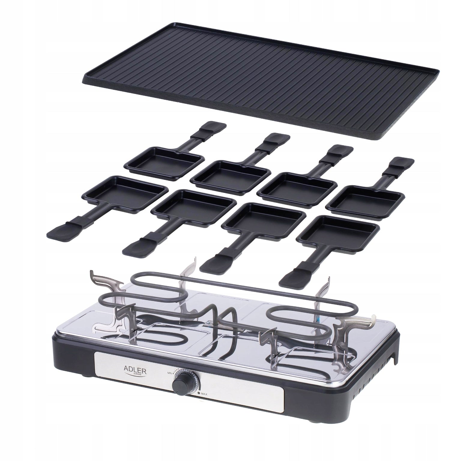 ELECTRIC GRILL RACLETTE LARGE XL 8 PEOPLE STRONG 1400W PATENLOINS SPATULAS Dominant color black