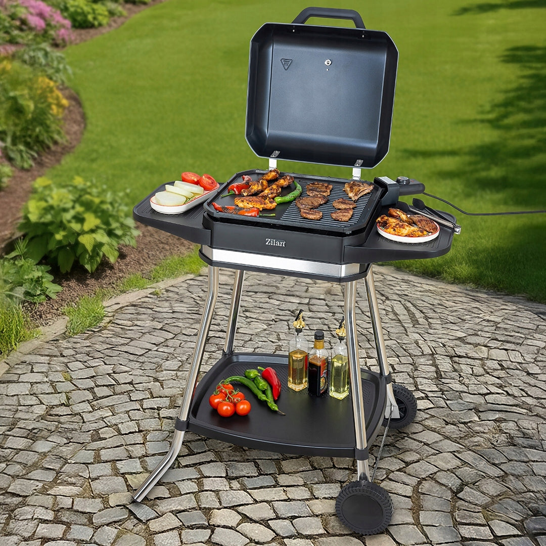 ELECTRIC GRILL Smokeless GARDEN Standing 3050W 6in1 + COVER + THERMOMETER Brand Zilan