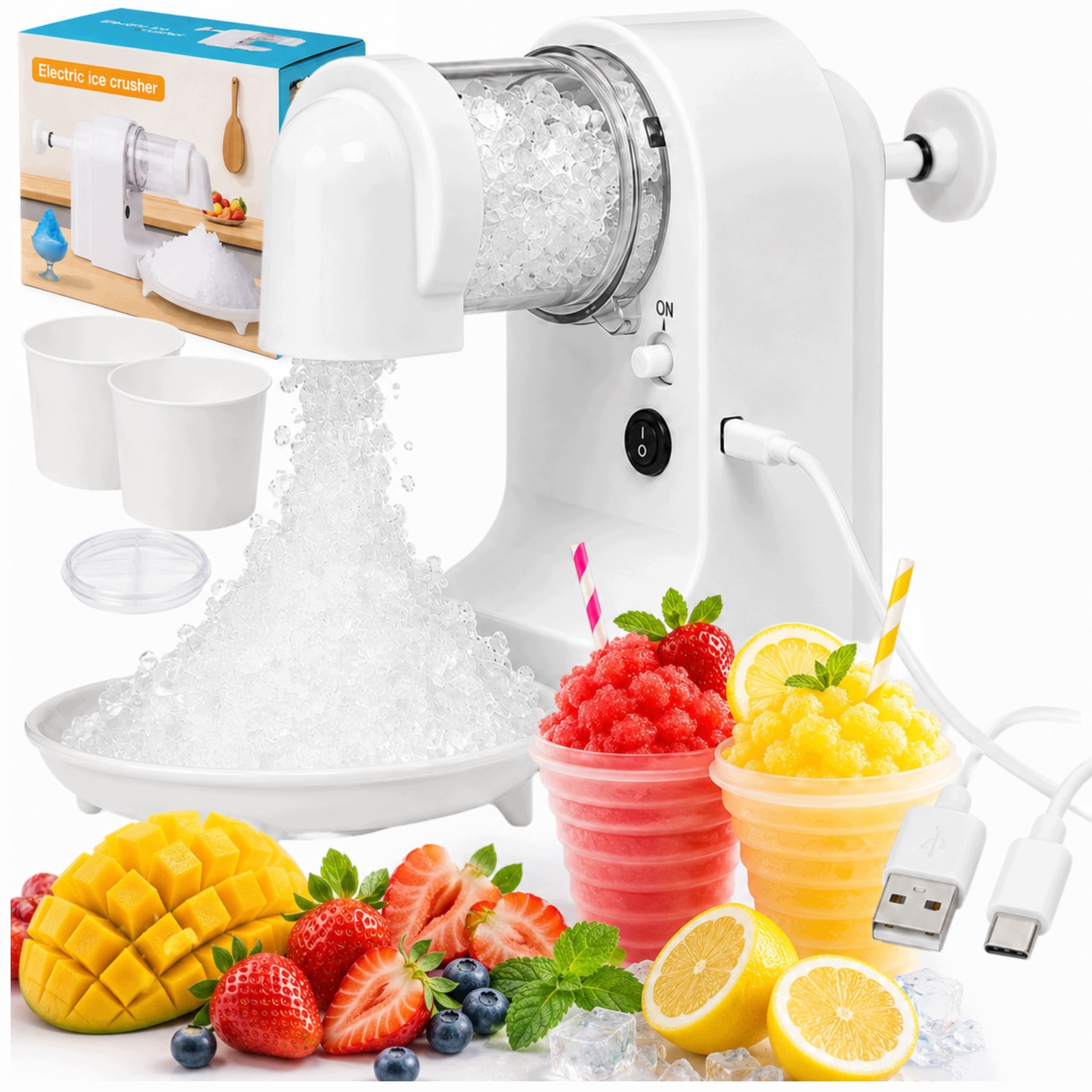 ELECTRIC ICE CRUSHER USB-C GRANITE MACHINE + 2 CUPS