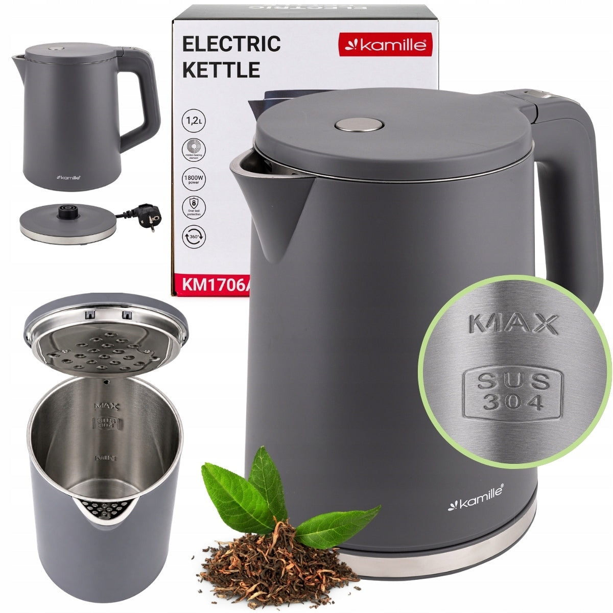 ELECTRIC KETTLE 1,2 L GREY MESH FILTER ROTATING BASE KAMILLE