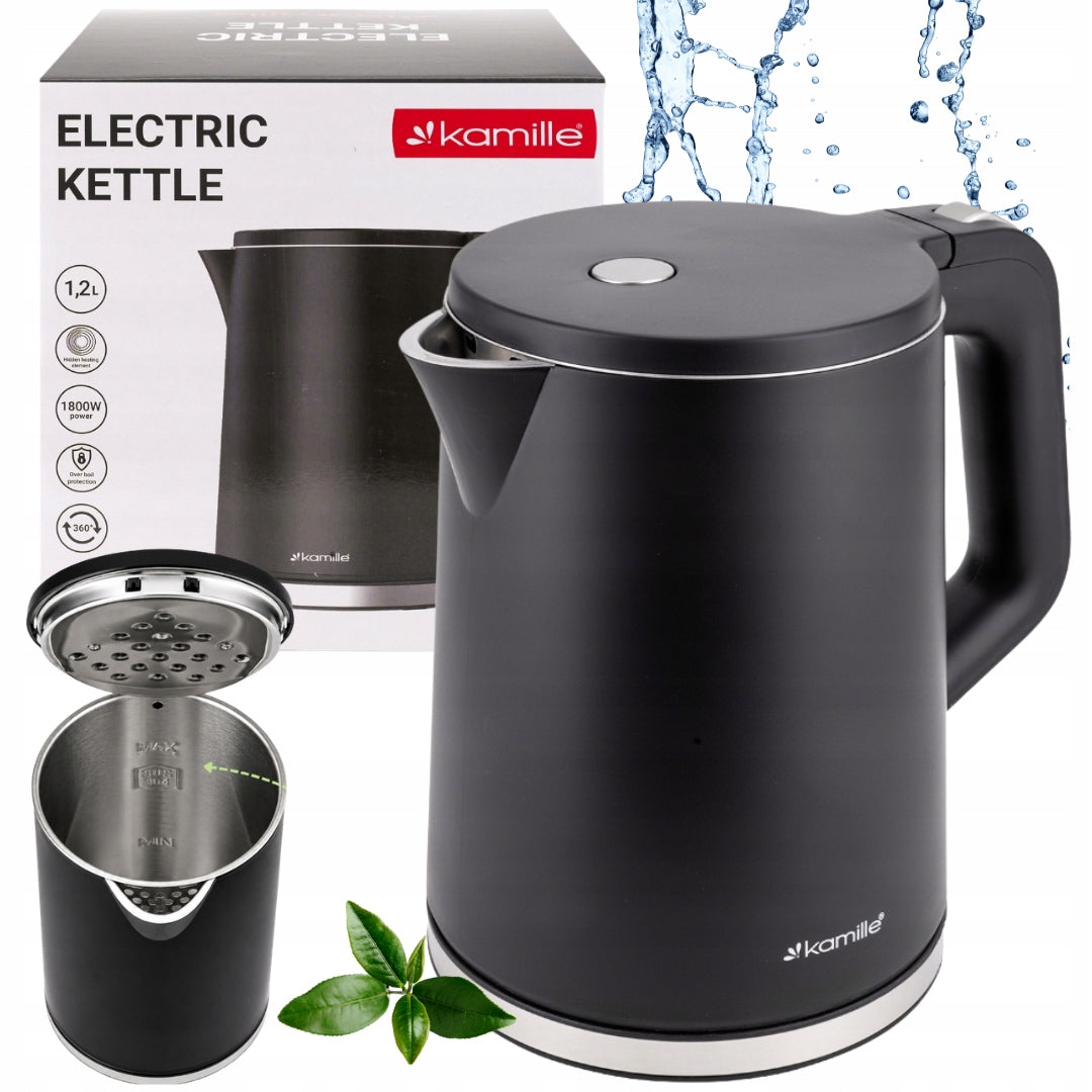 ELECTRIC KETTLE 1,2L BLACK MESH FILTER 1800W POWERFUL KAMILLE