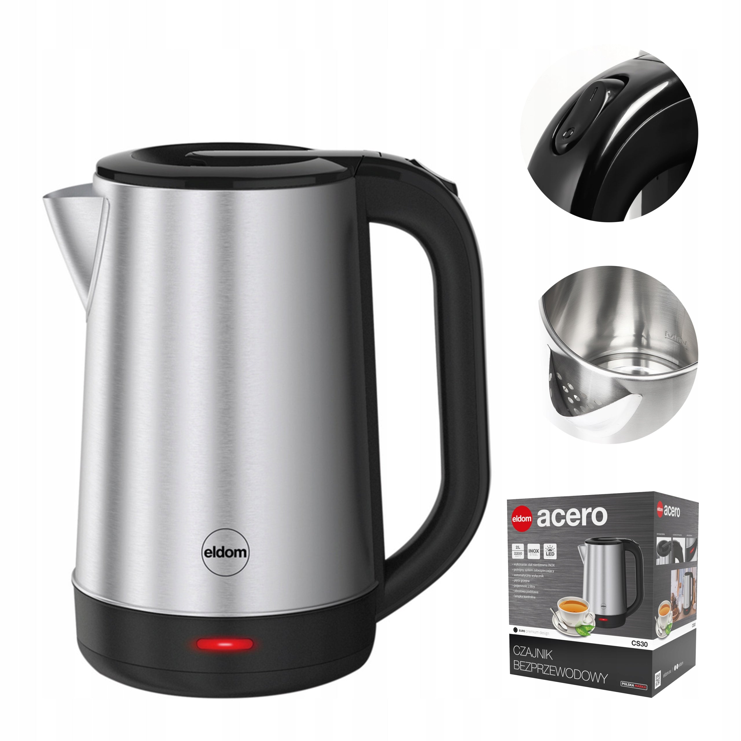 ELECTRIC KETTLE CORDLESS LARGE 2L STRONG 2200W STAINLESS STEEL
