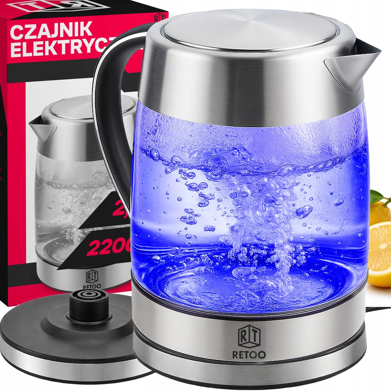 ELECTRIC KETTLE GLASS CORDLESS STEEL 1,7L ILLUMINATED LED 2200W Packaging status original