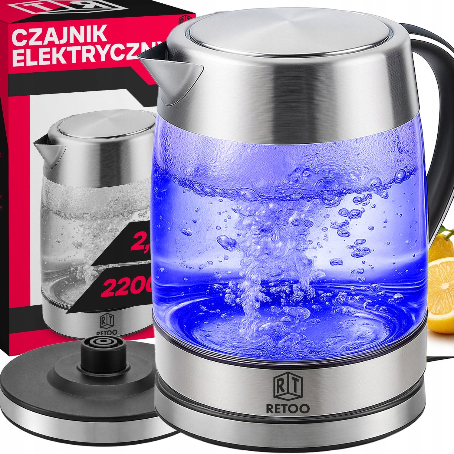 ELECTRIC KETTLE GLASS CORDLESS STEEL 1,7L ILLUMINATED LED 2200W
