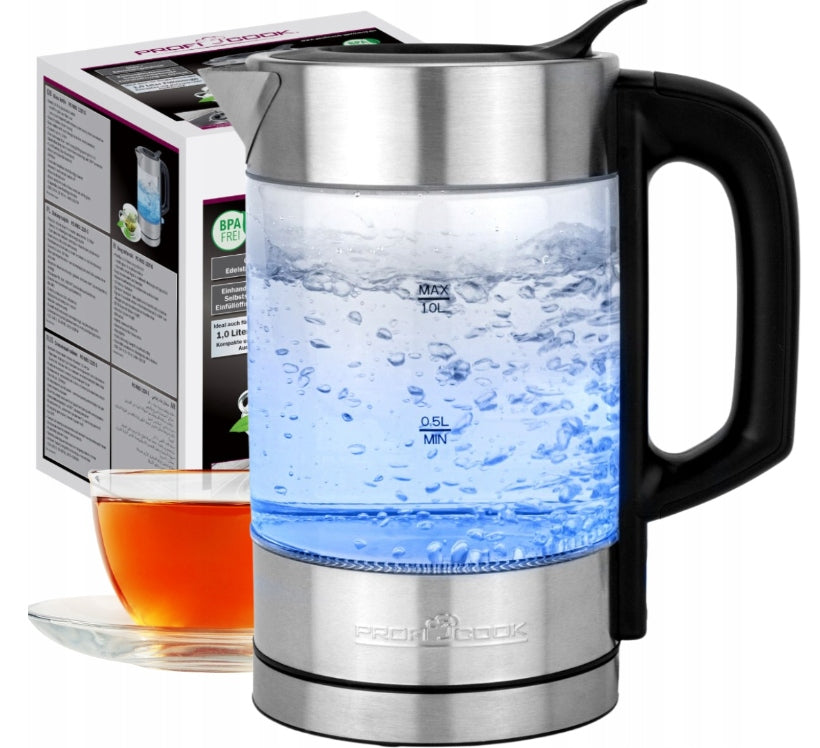 ELECTRIC KETTLE GLASS LED ILLUMINATED JUG 1600W 1L STEEL INOX