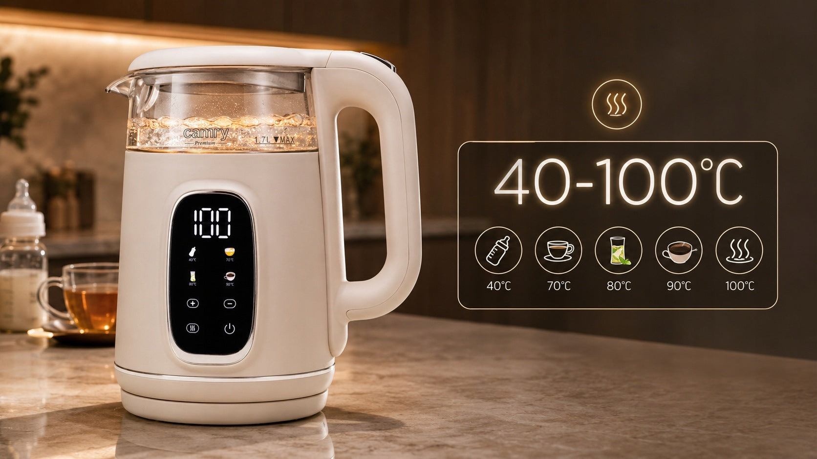 ELECTRIC KETTLE GLASS TEMPERATURE CONTROL 40-100C 1,7L 2200W LED Packaging status original