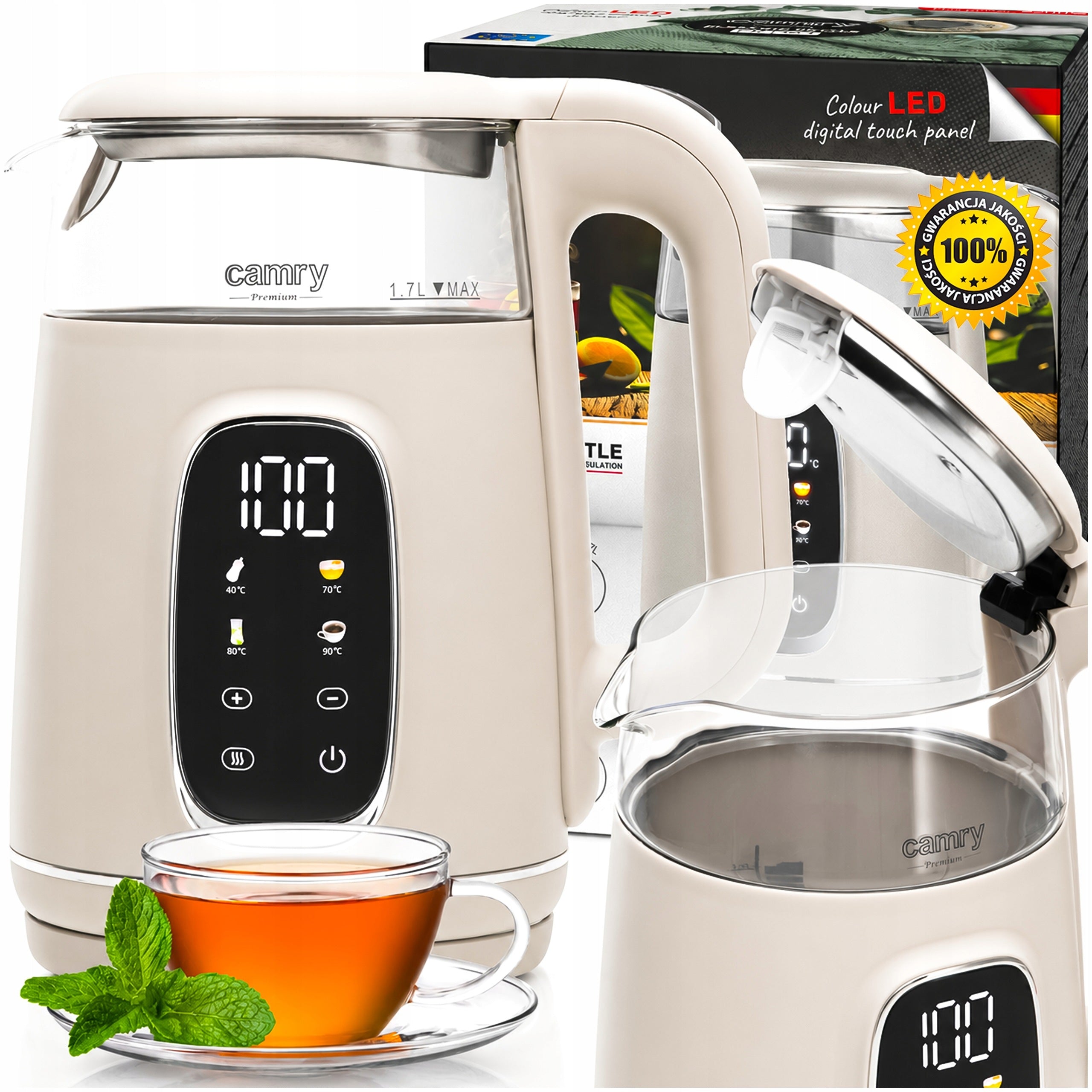ELECTRIC KETTLE GLASS TEMPERATURE CONTROL 40-100C 1,7L 2200W LED