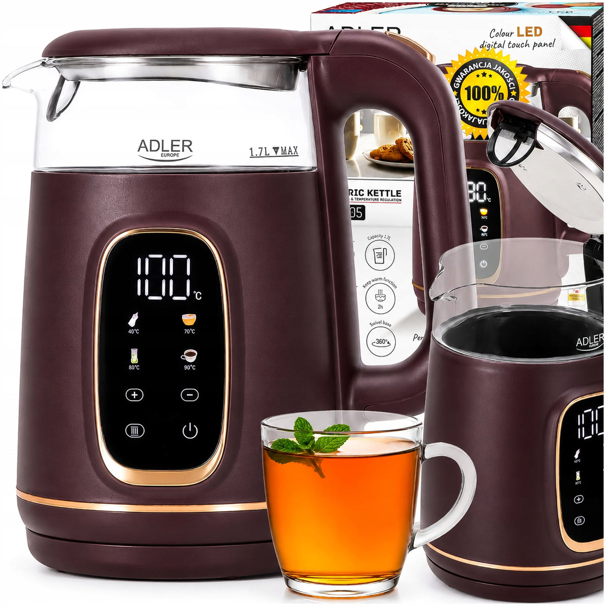 ELECTRIC KETTLE GLASS TEMPERATURE CONTROL 40-100C 1,7L 2200W LED
