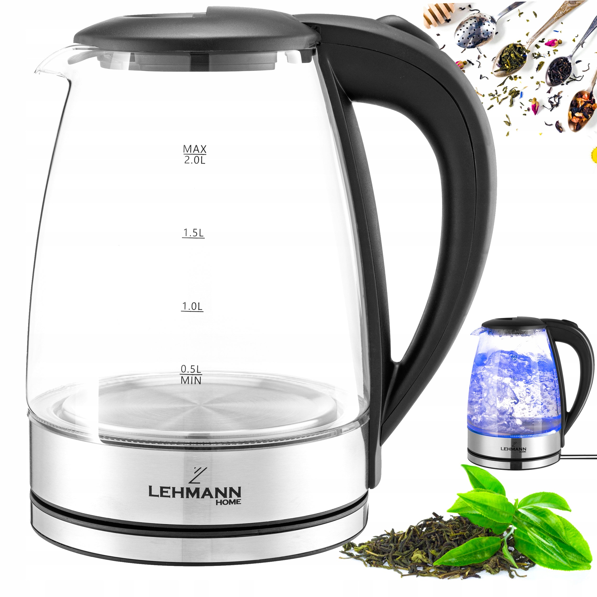 ELECTRIC KETTLE GLASS WIRELESS BACKLIT WITH LED 2L POWERFUL 2200W
