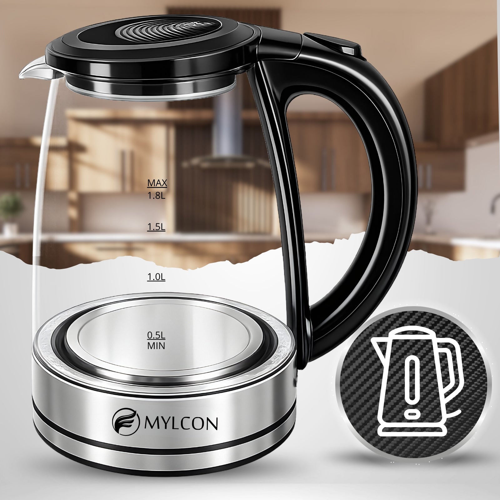 ELECTRIC KETTLE GLASS WIRELESS QUIET 1,8L ILLUMINATED LED STEEL Packaging status original