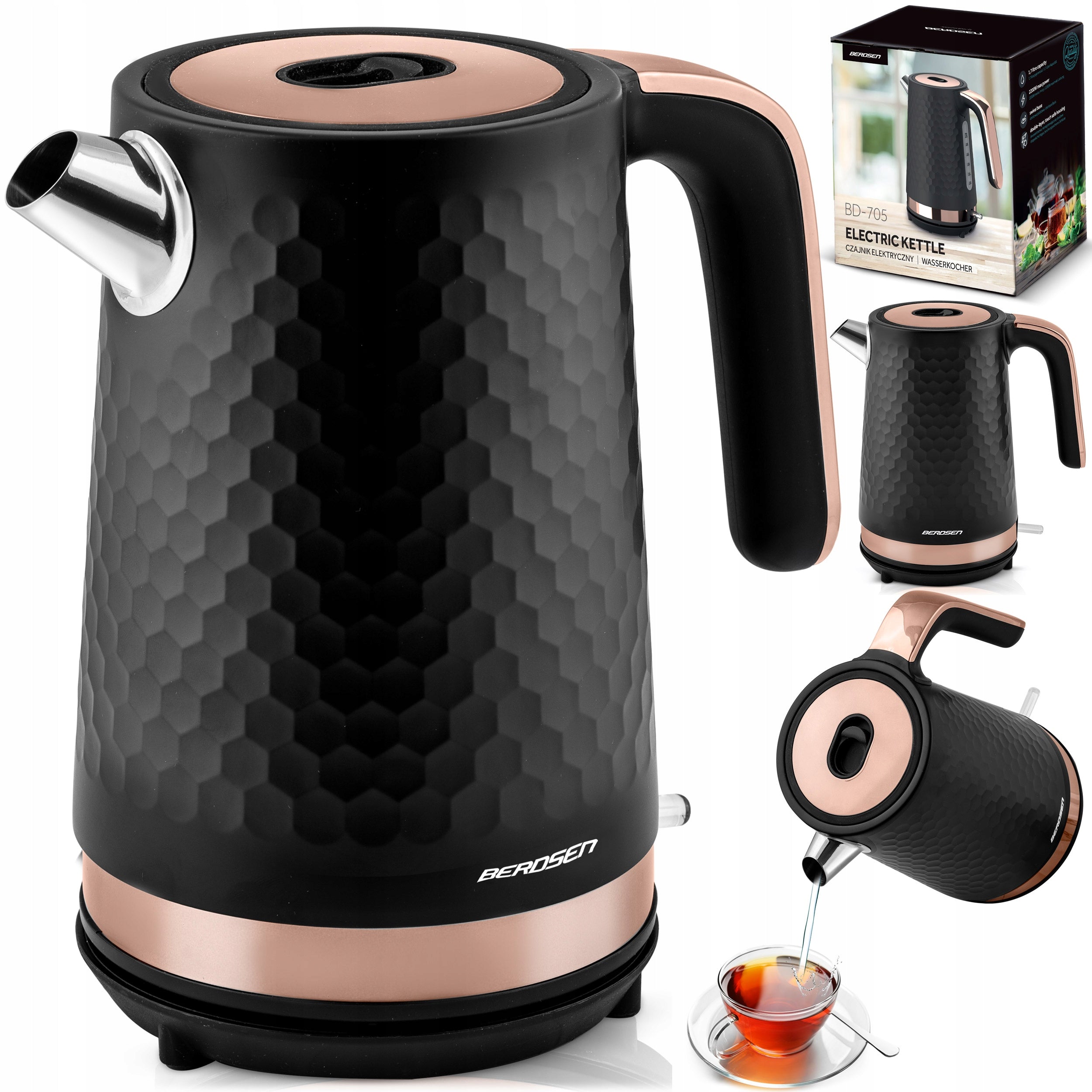 ELECTRIC KETTLE METAL BLACK GOLD CORDLESS 1,7L BERDSEN 2200W