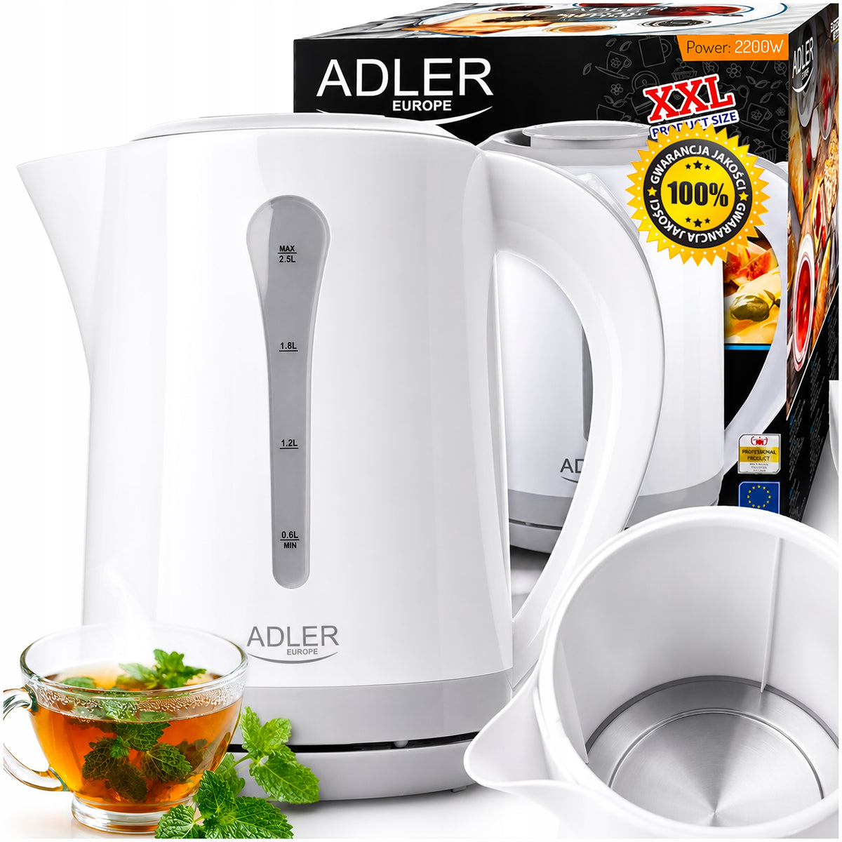 ELECTRIC KETTLE PLASTIC 2,5L WHITE 1850W STRONG QUIET ADLER 1244