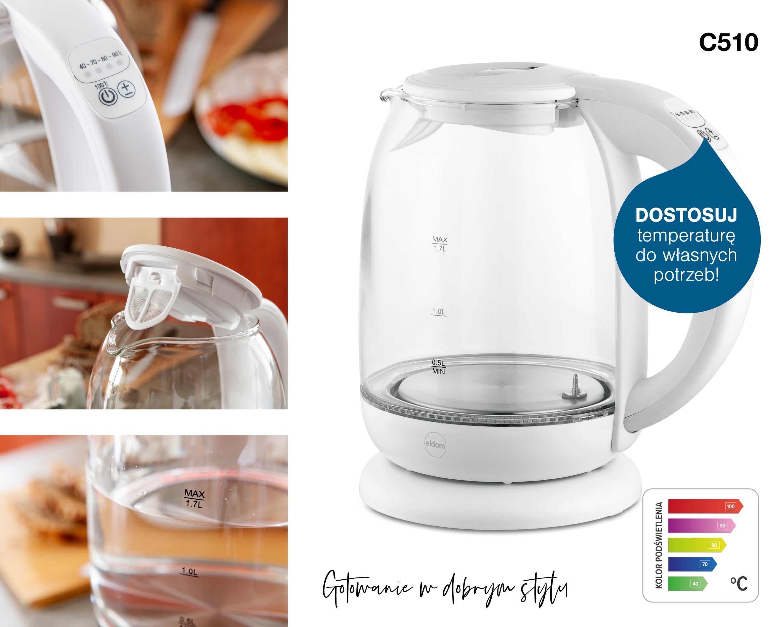 ELECTRIC KETTLE WIRELESS GLASS C510 2200W 1,7l WHITE Manufacturer code C510C