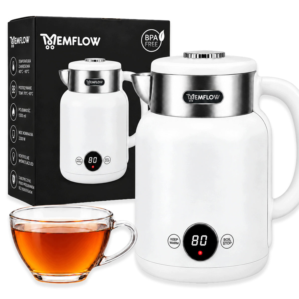 ELECTRIC KETTLE WIRELESS STEEL RETRO WHITE 1,5L 2200W LED PANEL Packaging status original
