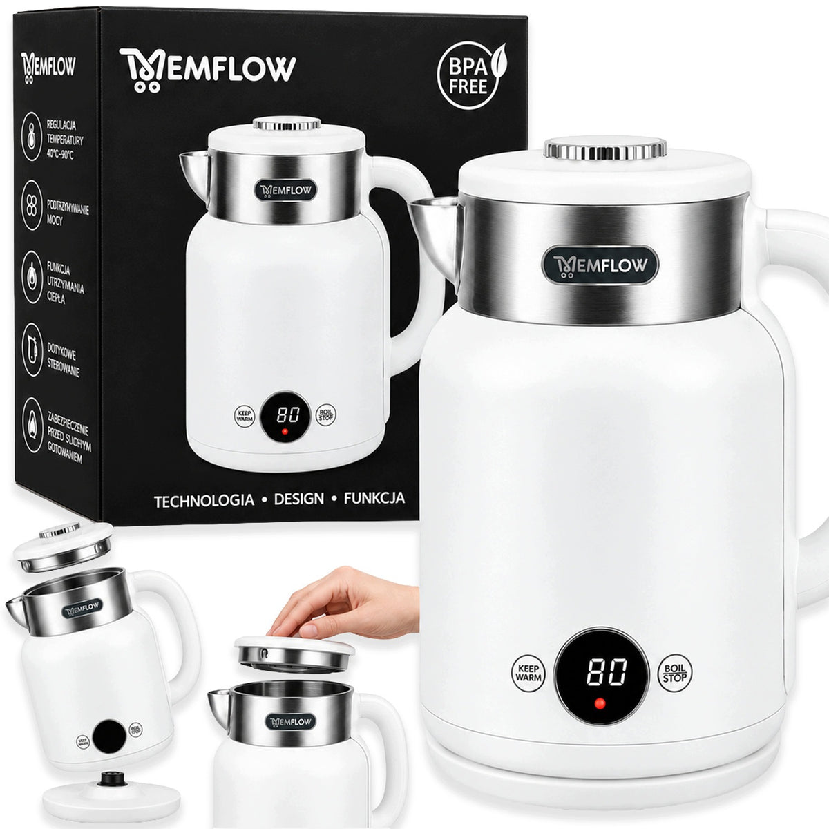 ELECTRIC KETTLE WIRELESS STEEL RETRO WHITE 1,5L 2200W LED PANEL