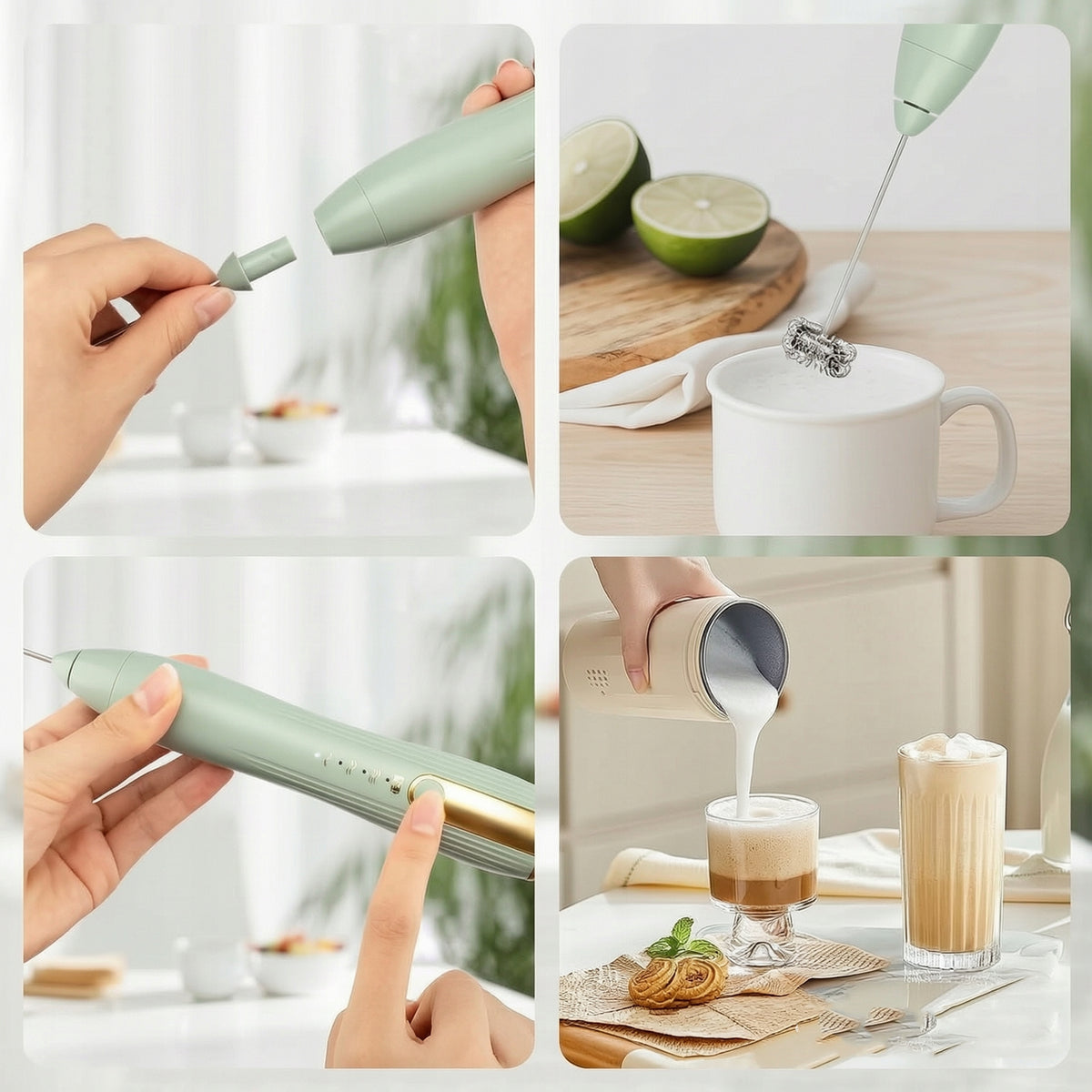 ELECTRIC MILK FROTHER 3 IN 1 for Coffee frother mixer USB CHARGING Dominant color green