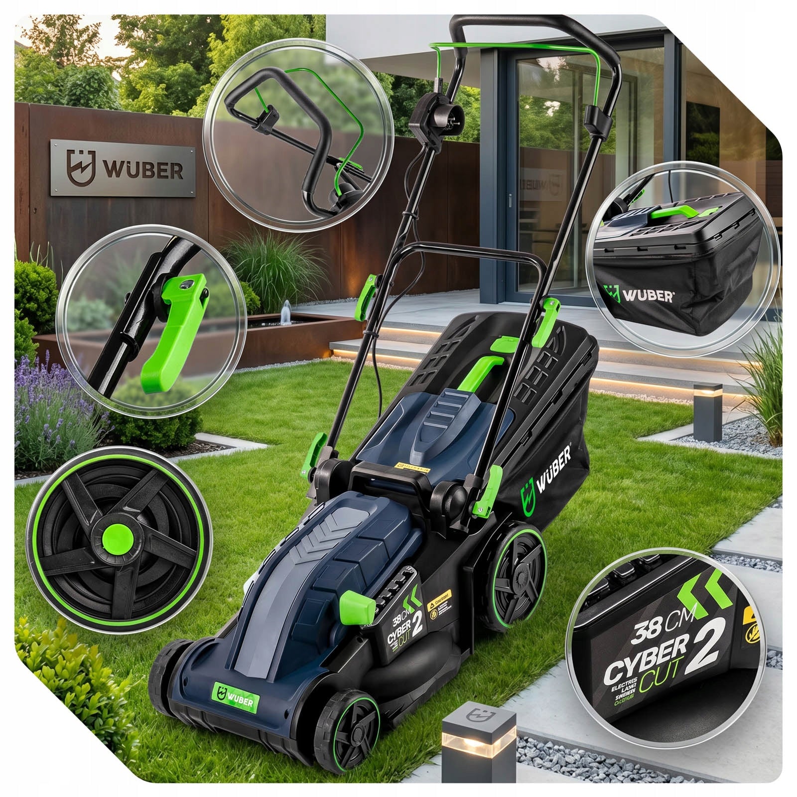 ELECTRIC MOWER LIGHT STRONG FOR GRASS WITH ADJUSTABLE LARGE BASKET WUBER MULCH Engine power 1600 W