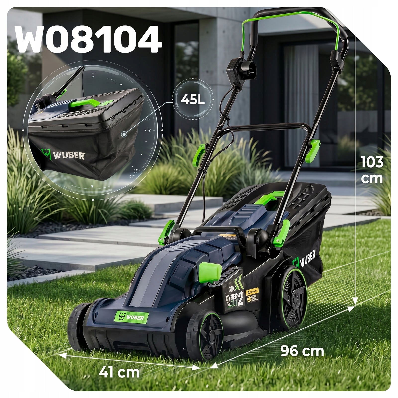 ELECTRIC MOWER LIGHT STRONG FOR GRASS WITH ADJUSTABLE LARGE BASKET WUBER MULCH Model WUBER W08104