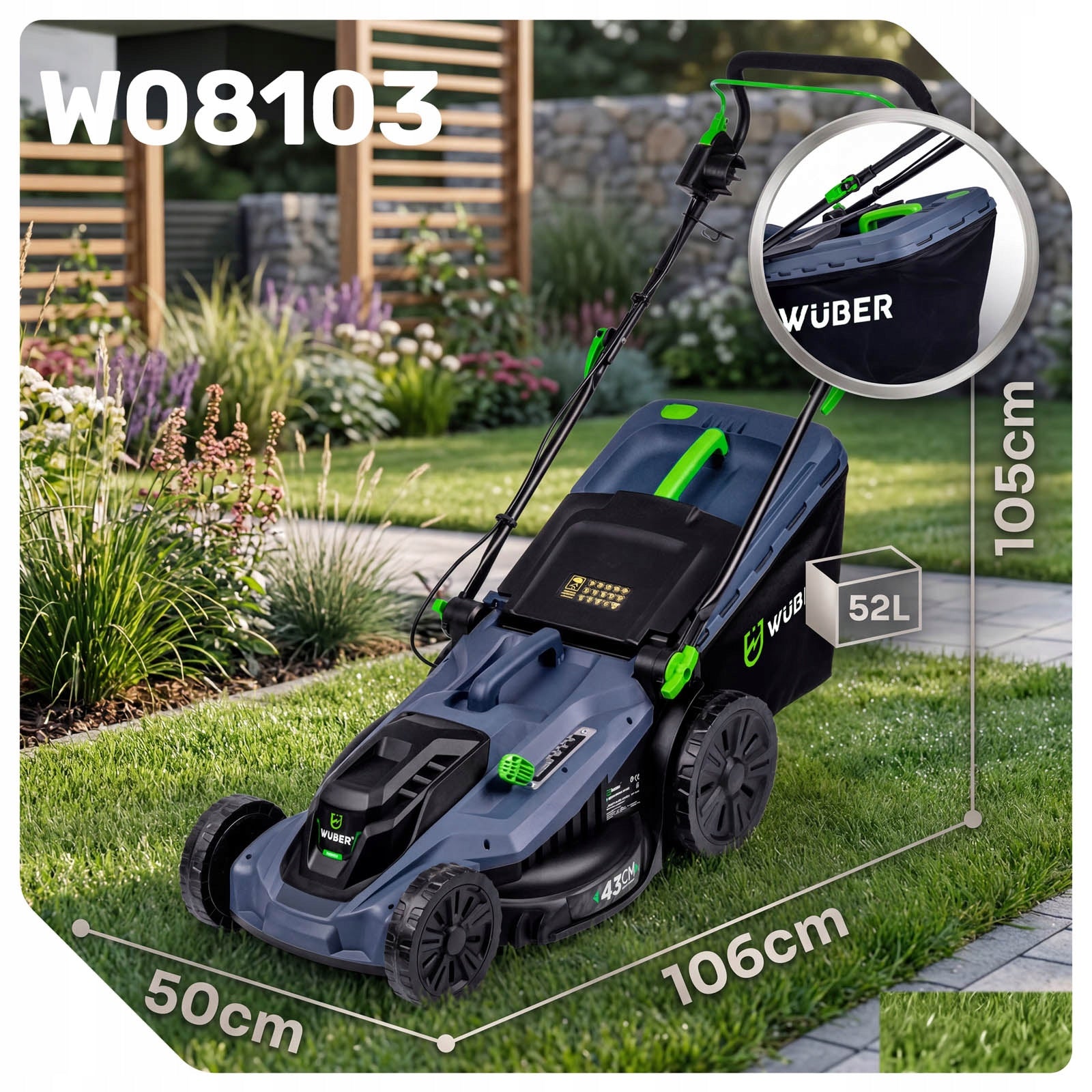 ELECTRIC MOWER LIGHT STRONG FOR GRASS WITH ADJUSTABLE LARGE BASKET WUBER Packaging status original