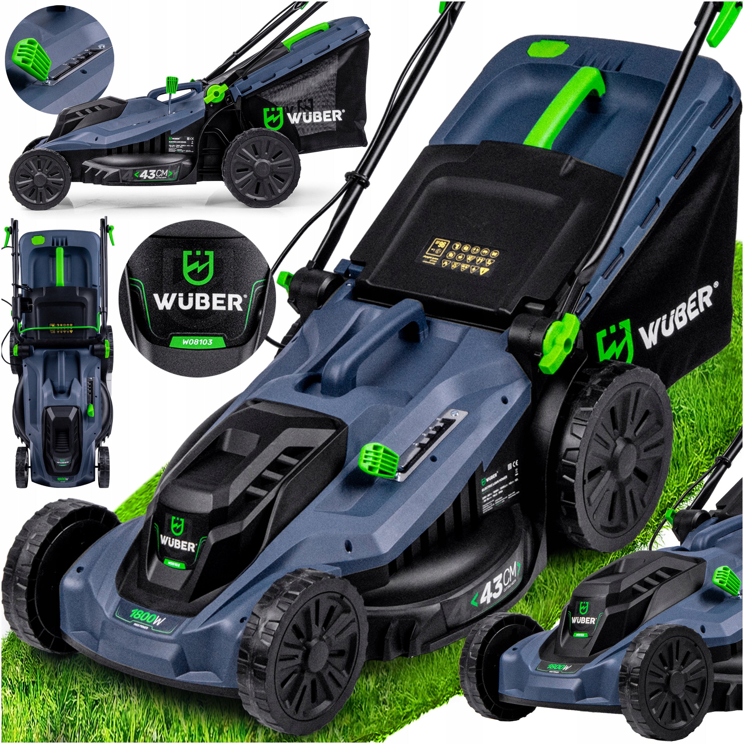 ELECTRIC MOWER LIGHT STRONG FOR GRASS WITH ADJUSTABLE LARGE BASKET WUBER