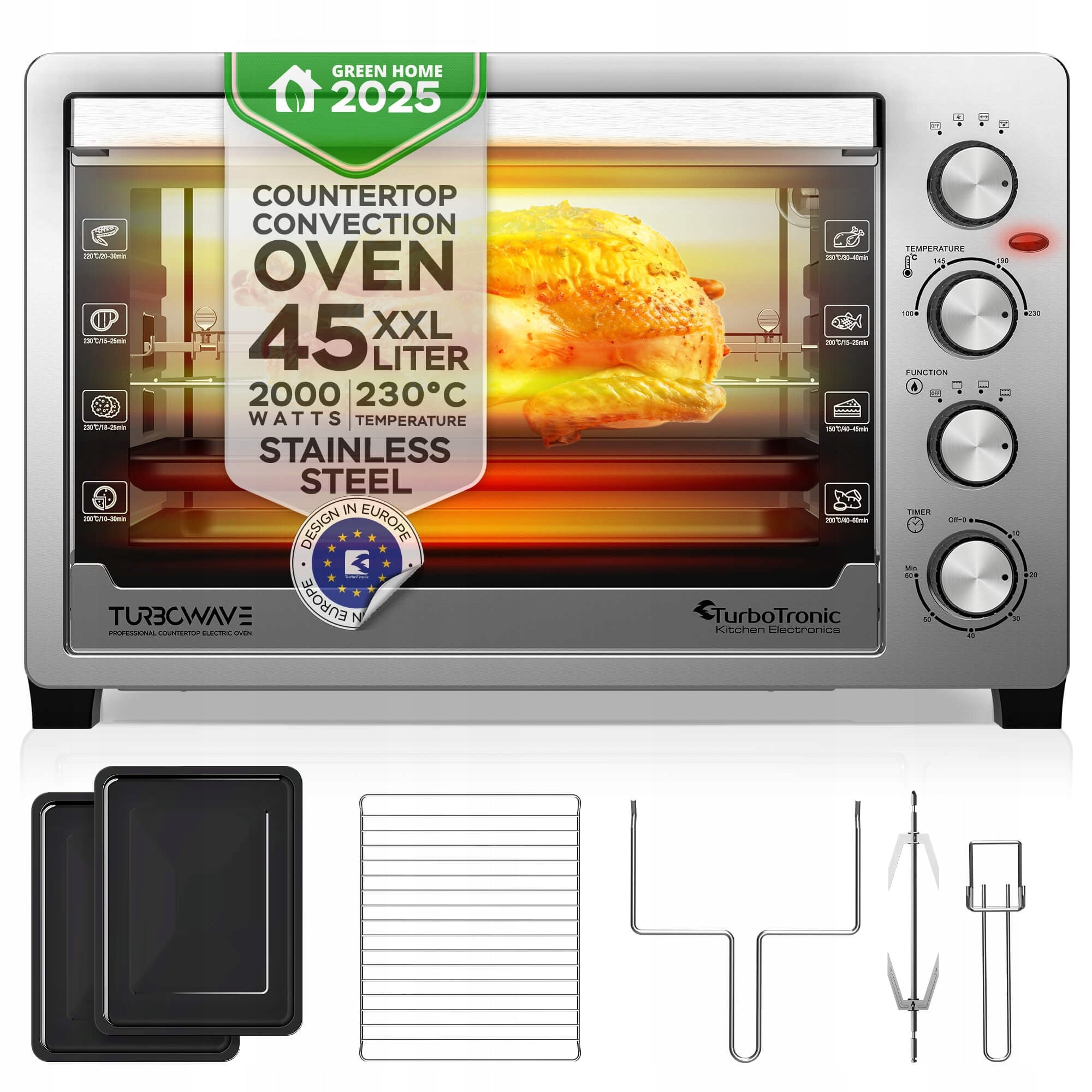 ELECTRIC OVEN 45L THERMOCOUPLE+HORN+GRILL 2000W INOX STAINLESS STEEL